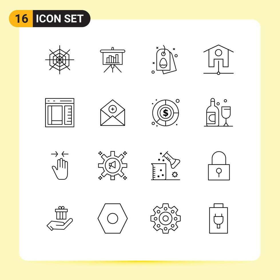 Group of 16 Outlines Signs and Symbols for development coding egg browser smart house Editable Vector Design Elements