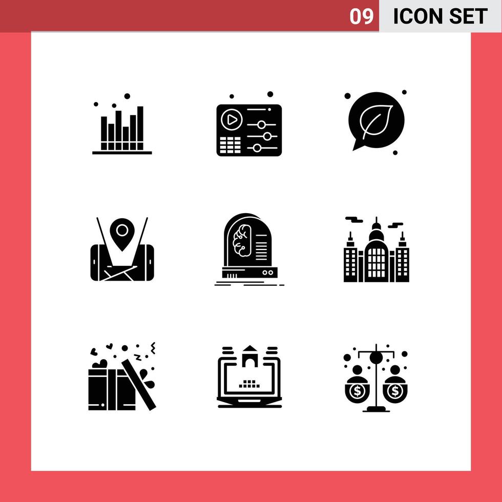 Pack of 9 Modern Solid Glyphs Signs and Symbols for Web Print Media such as ai location play mobile save Editable Vector Design Elements
