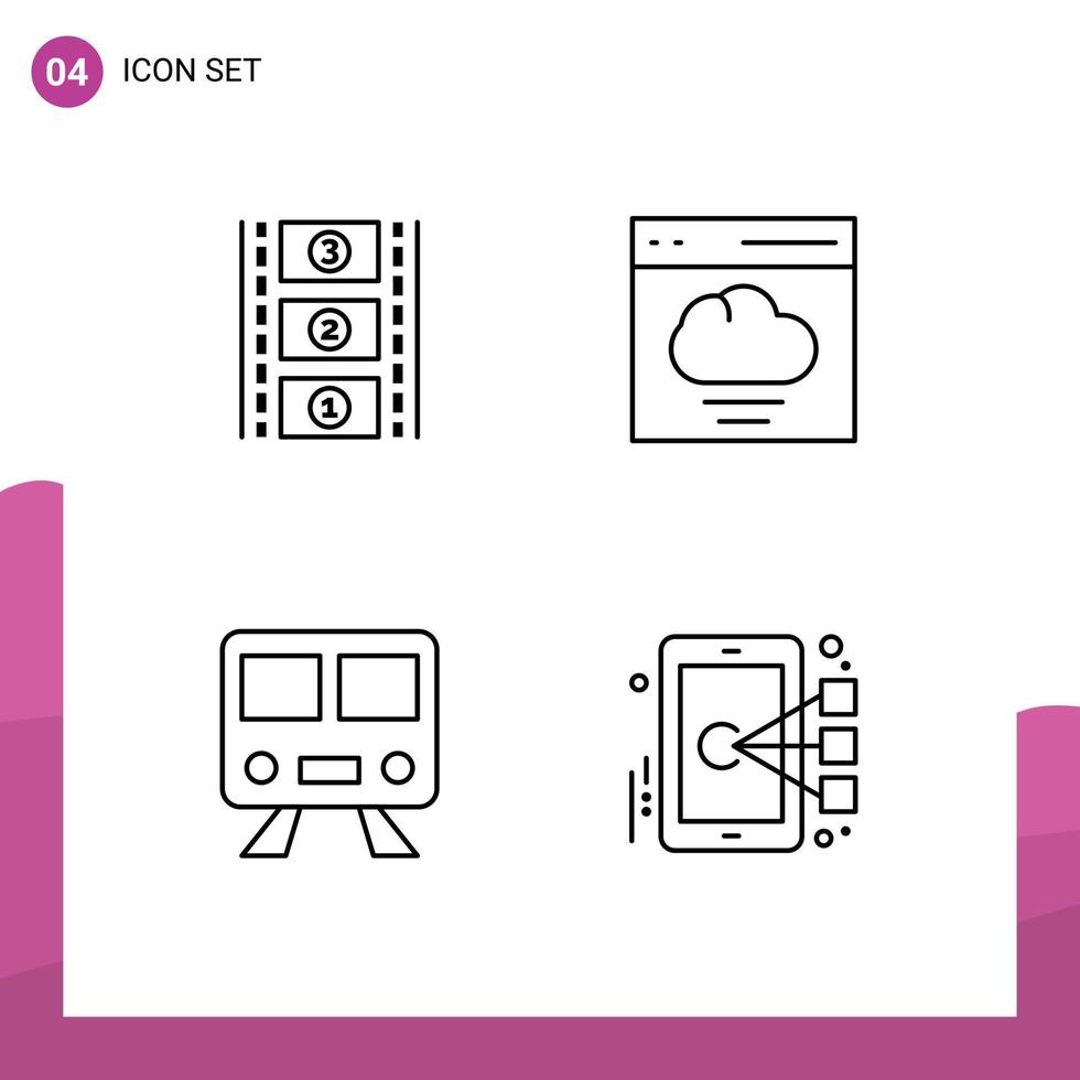 Mobile Interface Line Set of 4 Pictograms of film reel subway cloud user cell Editable Vector Design Elements