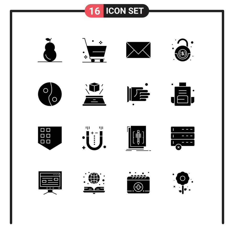 Editable Vector Line Pack of 16 Simple Solid Glyphs of yin security contact robbery bank Editable Vector Design Elements