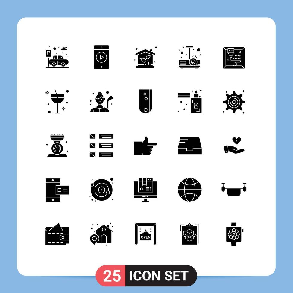 Solid Glyph Pack of 25 Universal Symbols of cocktail printing investment machine projector Editable Vector Design Elements