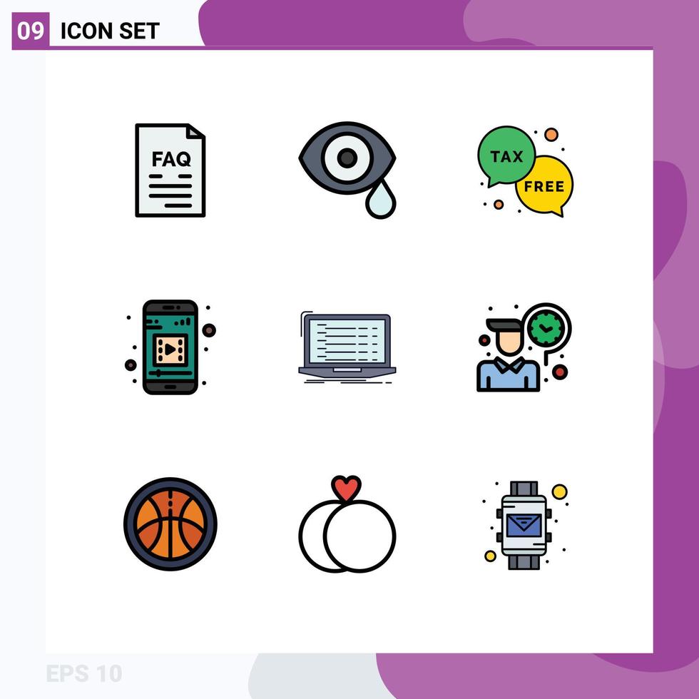Set of 9 Commercial Filledline Flat Colors pack for mobile video mobile app science tax free Editable Vector Design Elements