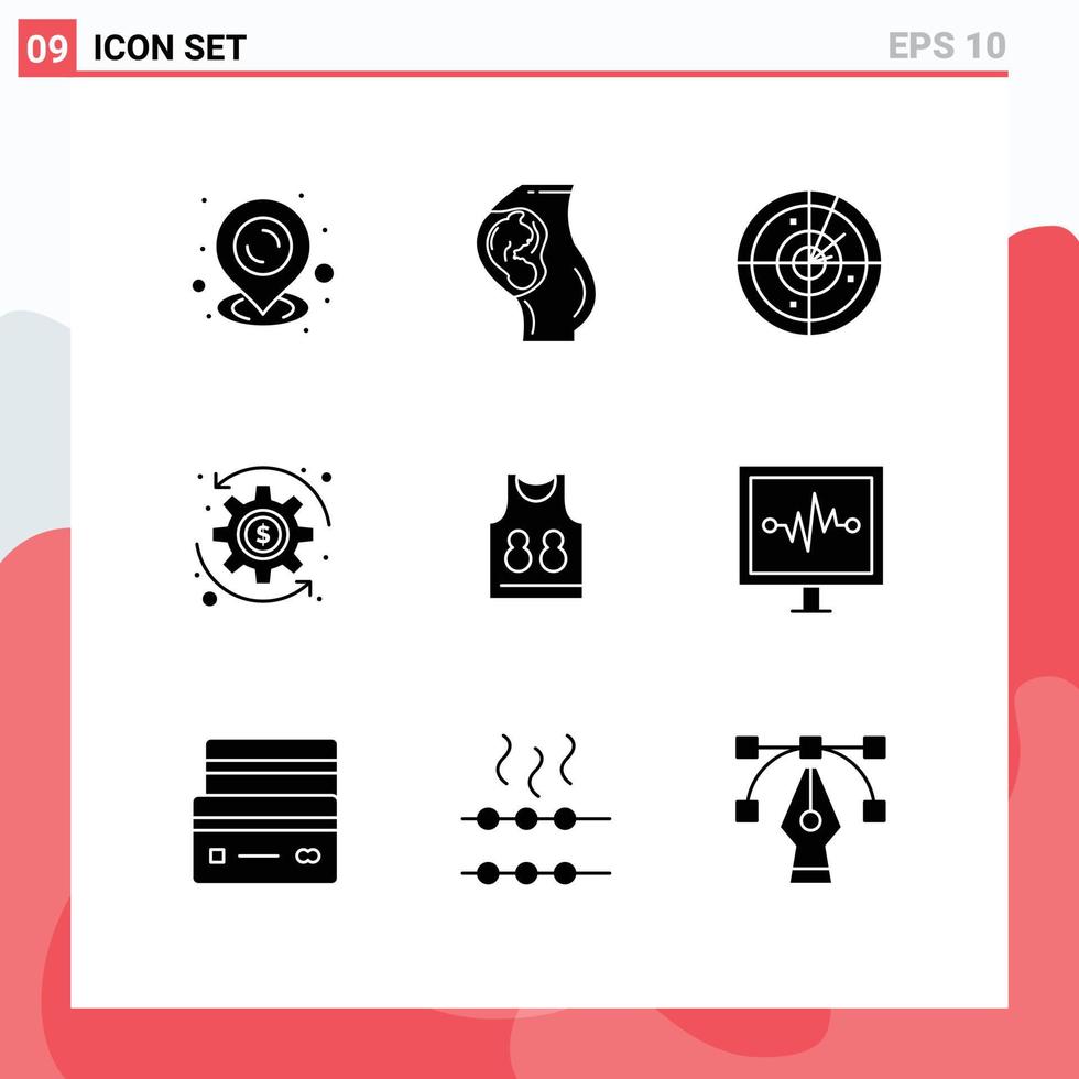 Pack of 9 Modern Solid Glyphs Signs and Symbols for Web Print Media such as game shirt area wealth coin Editable Vector Design Elements