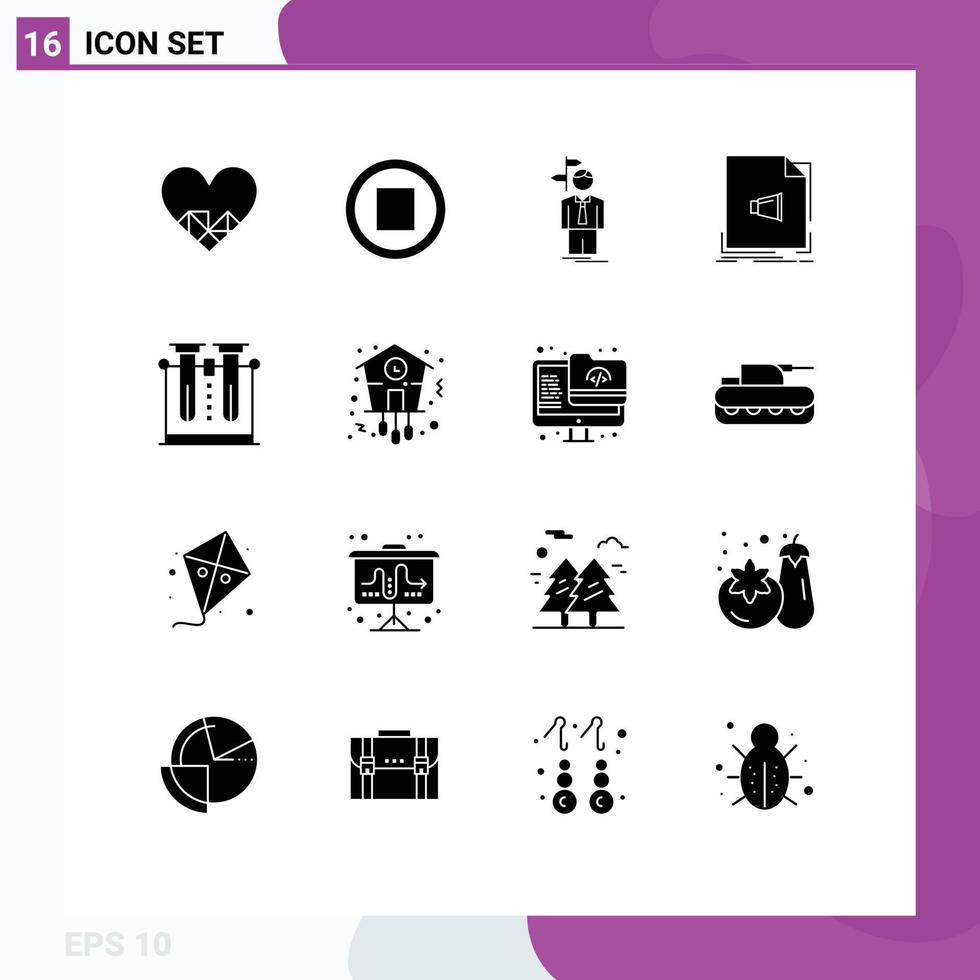 Mobile Interface Solid Glyph Set of 16 Pictograms of chemistry music choice format audio Editable Vector Design Elements