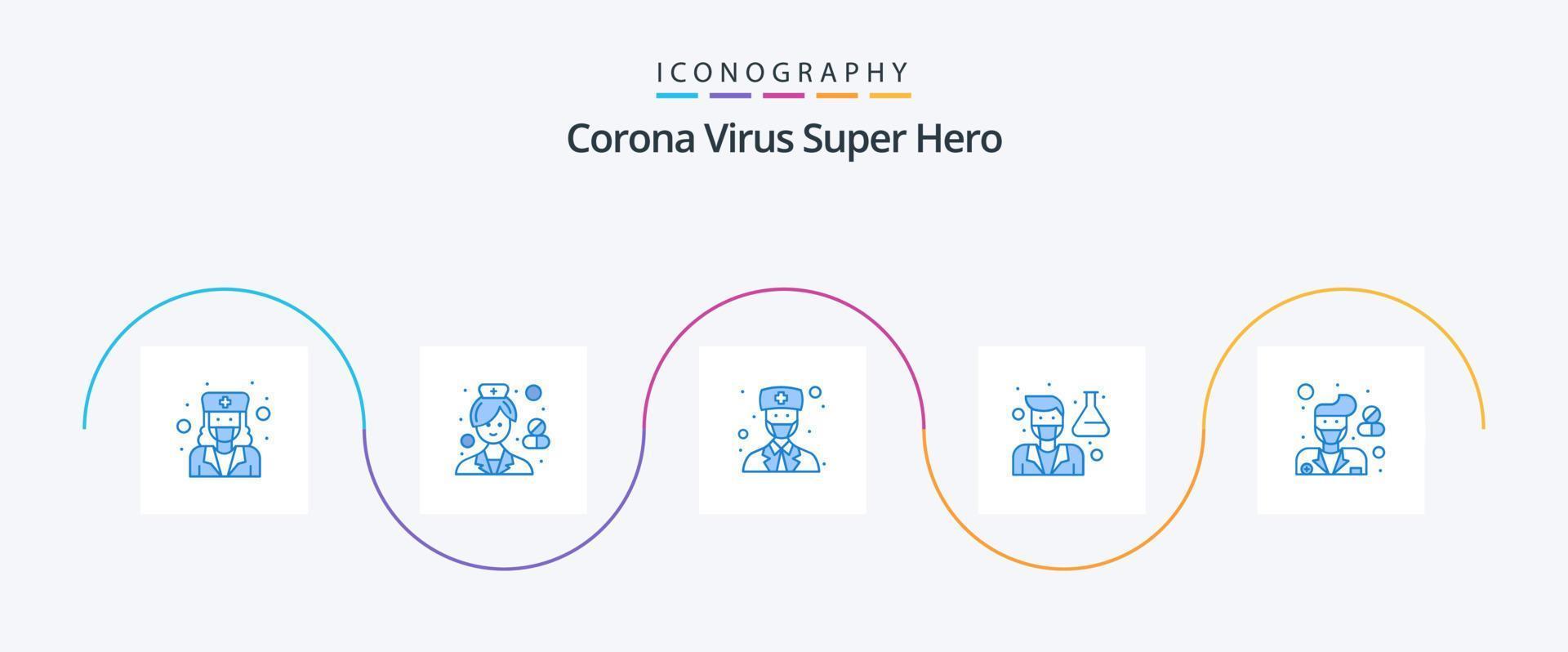 Corona Virus Super Hero Blue 5 Icon Pack Including male. professor. pharmacist. doctor. male avatar vector