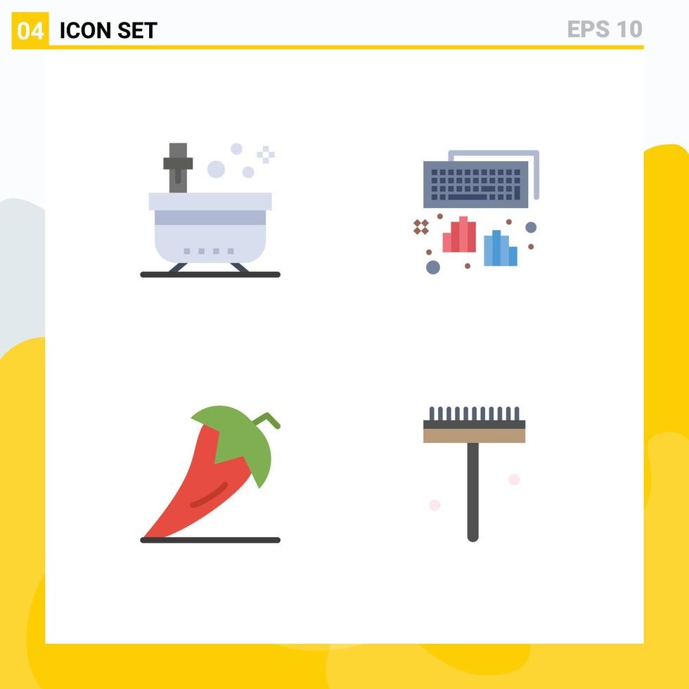 Set of 4 Commercial Flat Icons pack for bath chili tub keyboard ingredient Editable Vector Design Elements