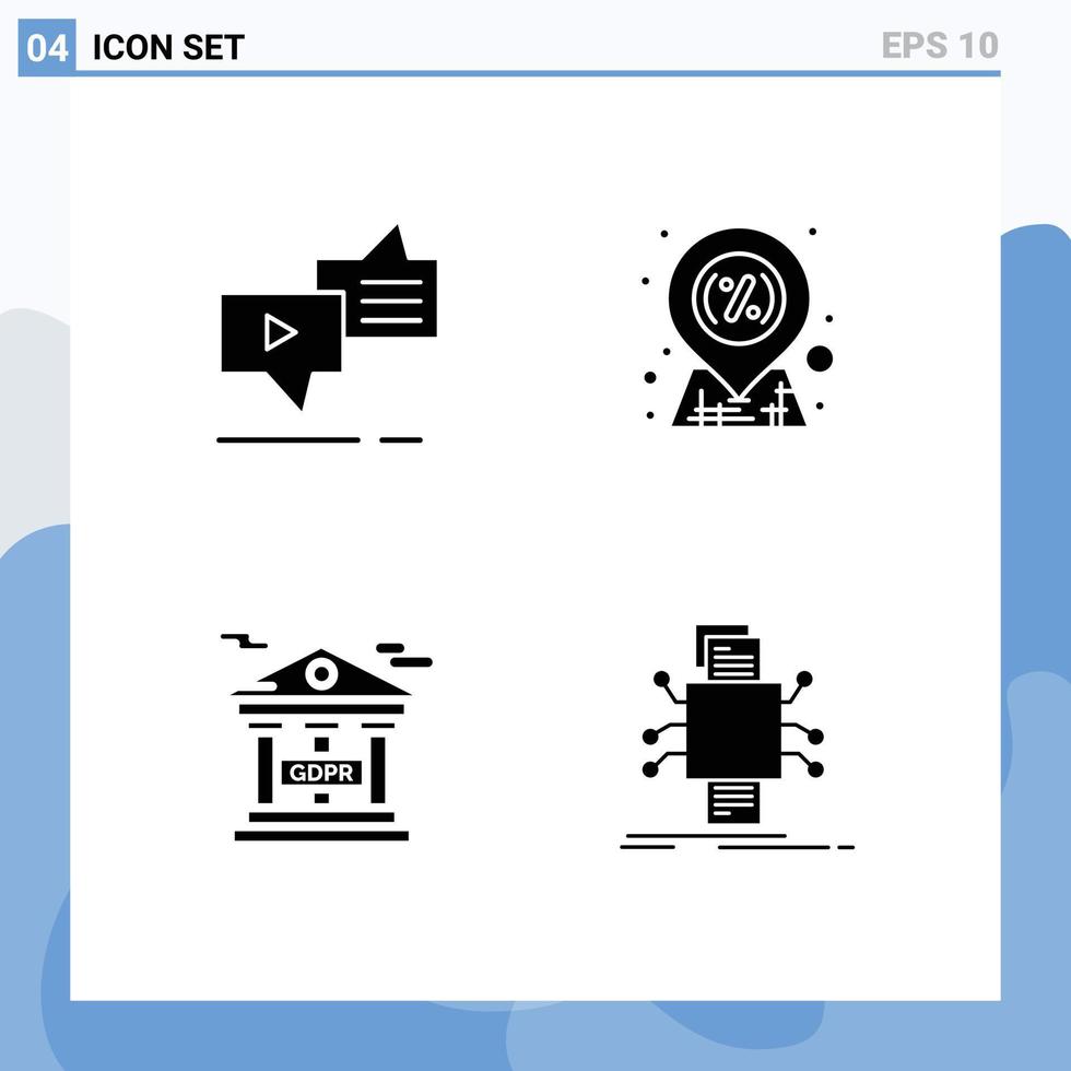 Set of 4 Vector Solid Glyphs on Grid for chat bank messaging location financial information protection Editable Vector Design Elements