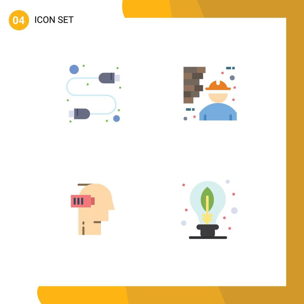 Set of 4 Modern UI Icons Symbols Signs for cable battery usb labour low Editable Vector Design Elements