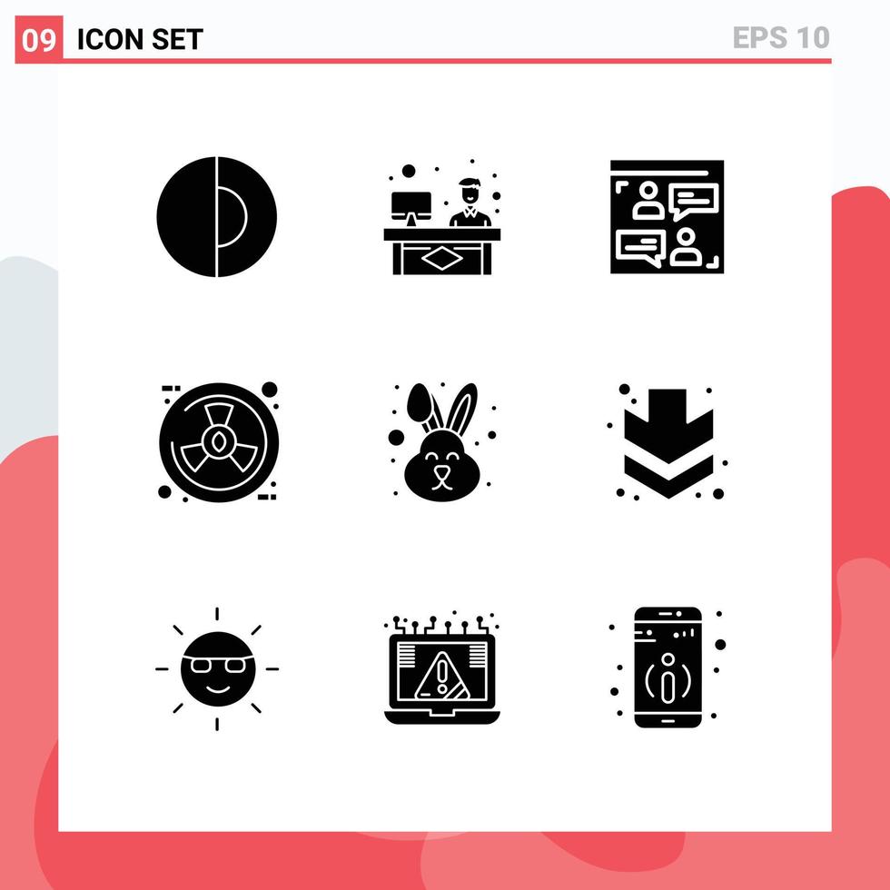 Pack of 9 Modern Solid Glyphs Signs and Symbols for Web Print Media such as easter nature web radiation eco Editable Vector Design Elements