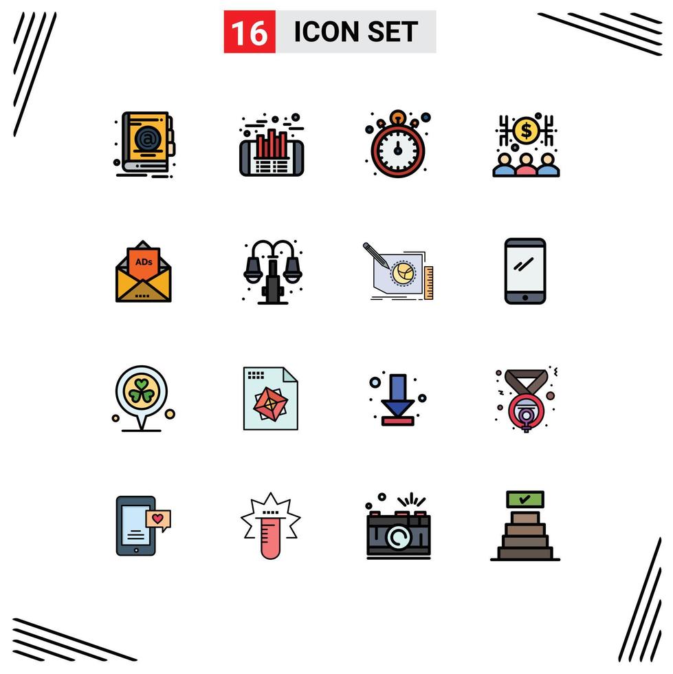 Set of 16 Commercial Flat Color Filled Lines pack for email ad stop watch money capitalist Editable Creative Vector Design Elements