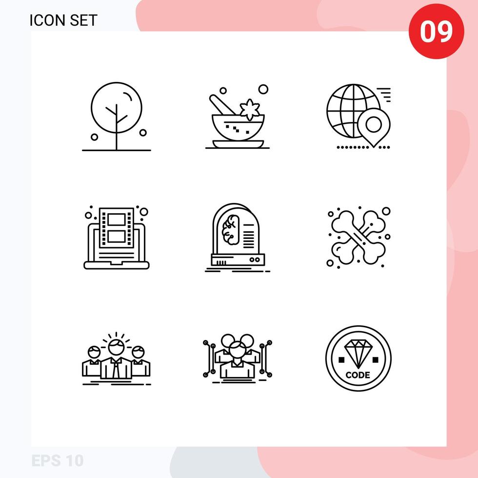 Mobile Interface Outline Set of 9 Pictograms of youtube online globe learning location Editable Vector Design Elements