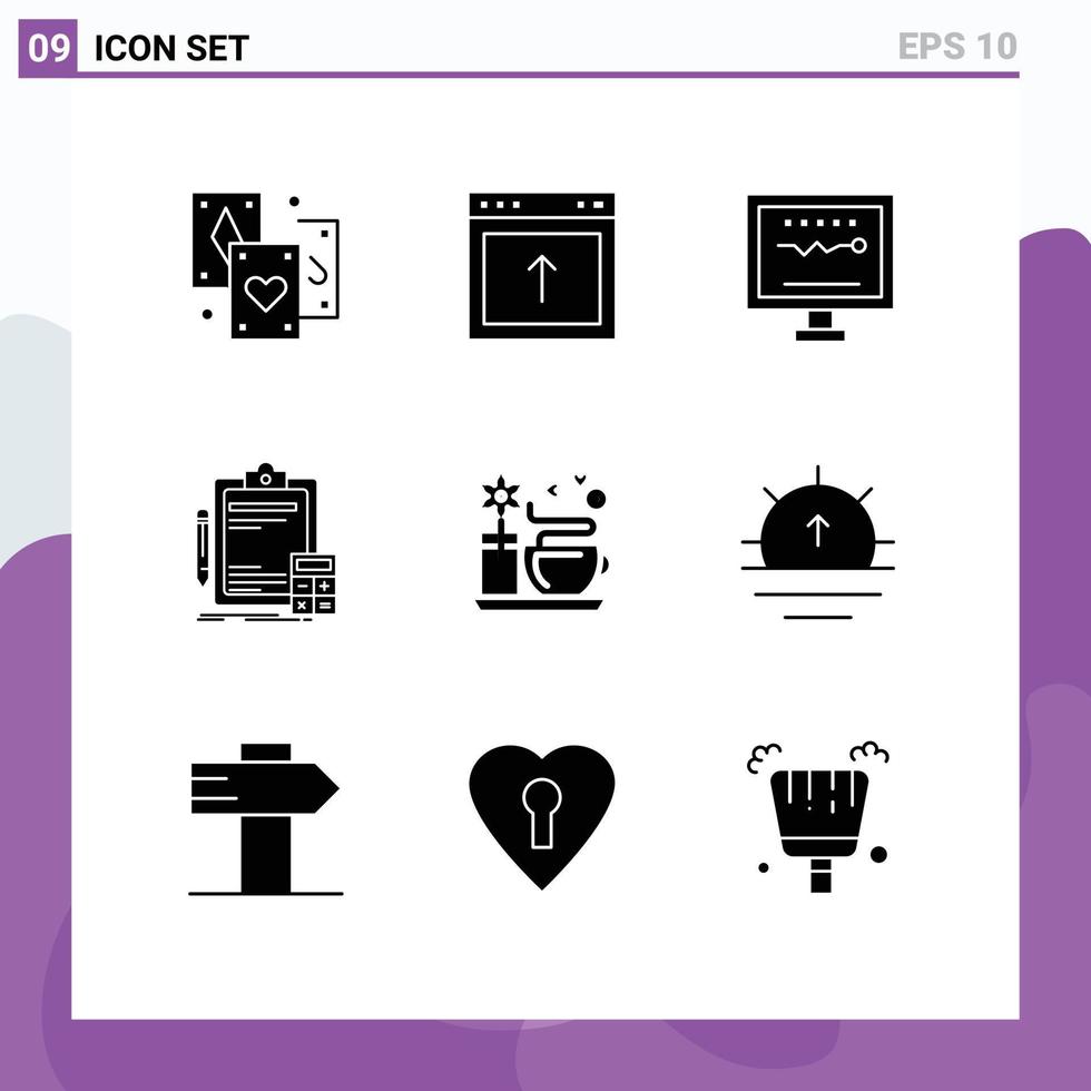 Group of 9 Solid Glyphs Signs and Symbols for audit calculator cardiogram banking hospital Editable Vector Design Elements