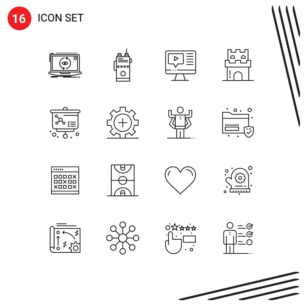 Group of 16 Modern Outlines Set for sand castle radio beach video Editable Vector Design Elements