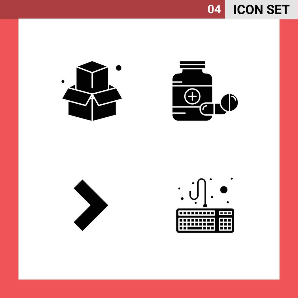 4 Universal Solid Glyphs Set for Web and Mobile Applications box right medicine drugs computer Editable Vector Design Elements