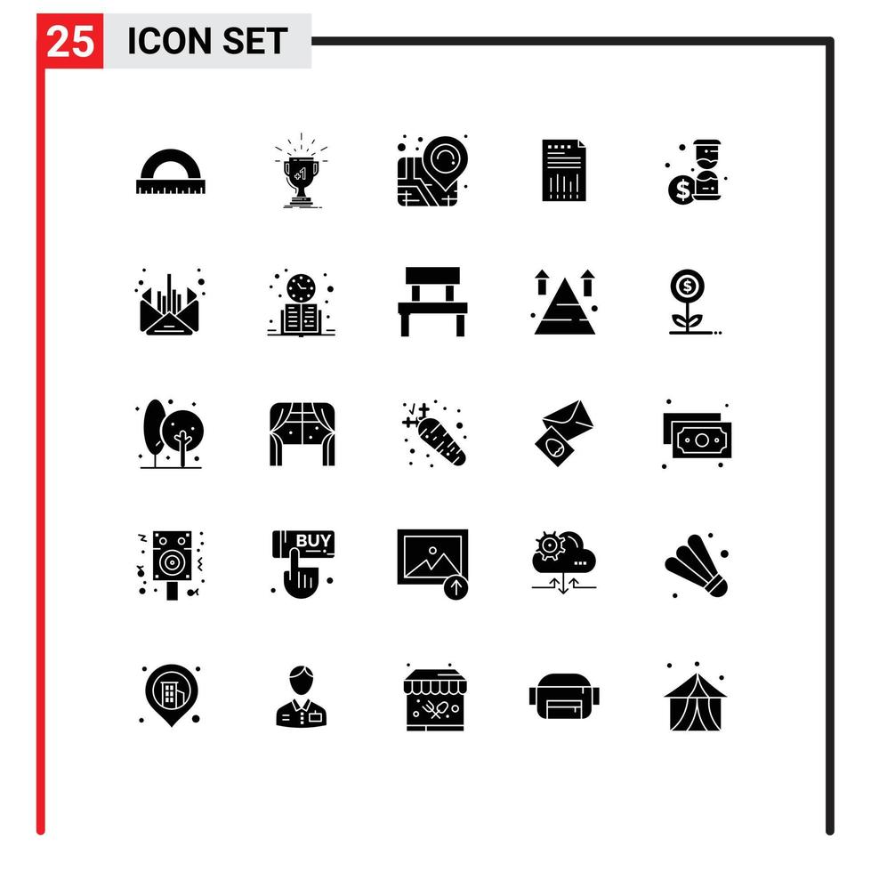 Pack of 25 Modern Solid Glyphs Signs and Symbols for Web Print Media such as graph data prize business pin Editable Vector Design Elements