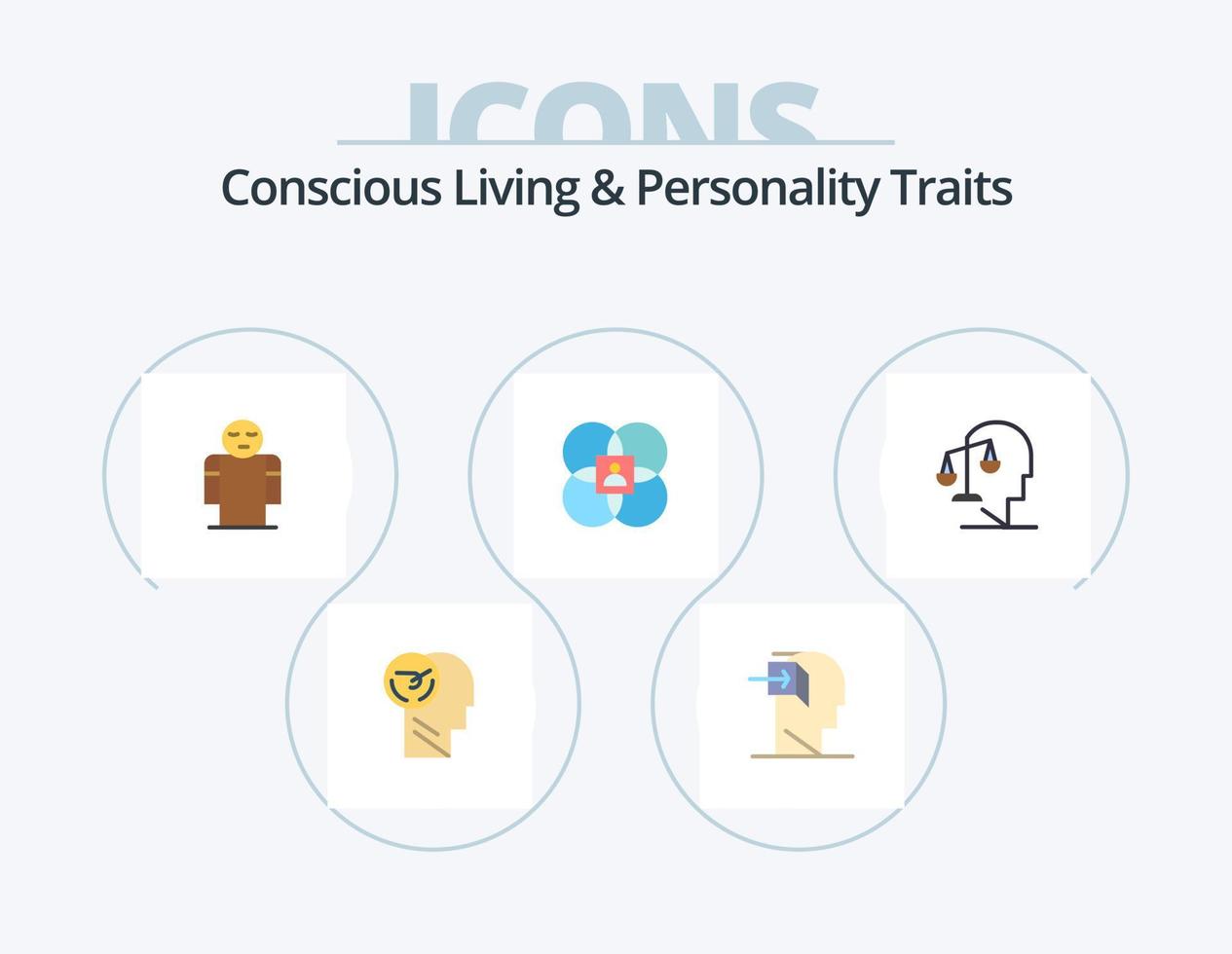 consciente vivo y personalidad rasgos plano icono paquete 5 5 icono diseño. modelo. características. mente. personaje. abierto vector