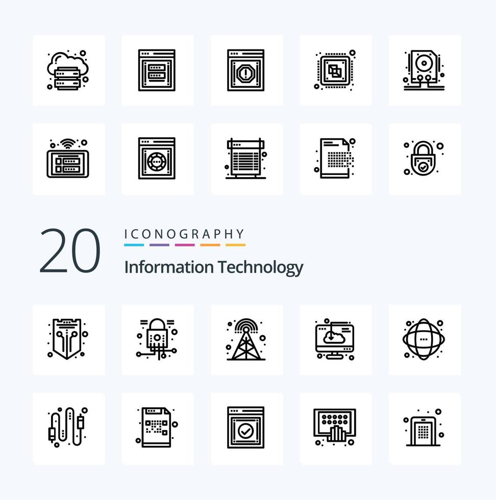 20 información tecnología línea icono paquete me gusta software descargar seguridad computadora torre vector