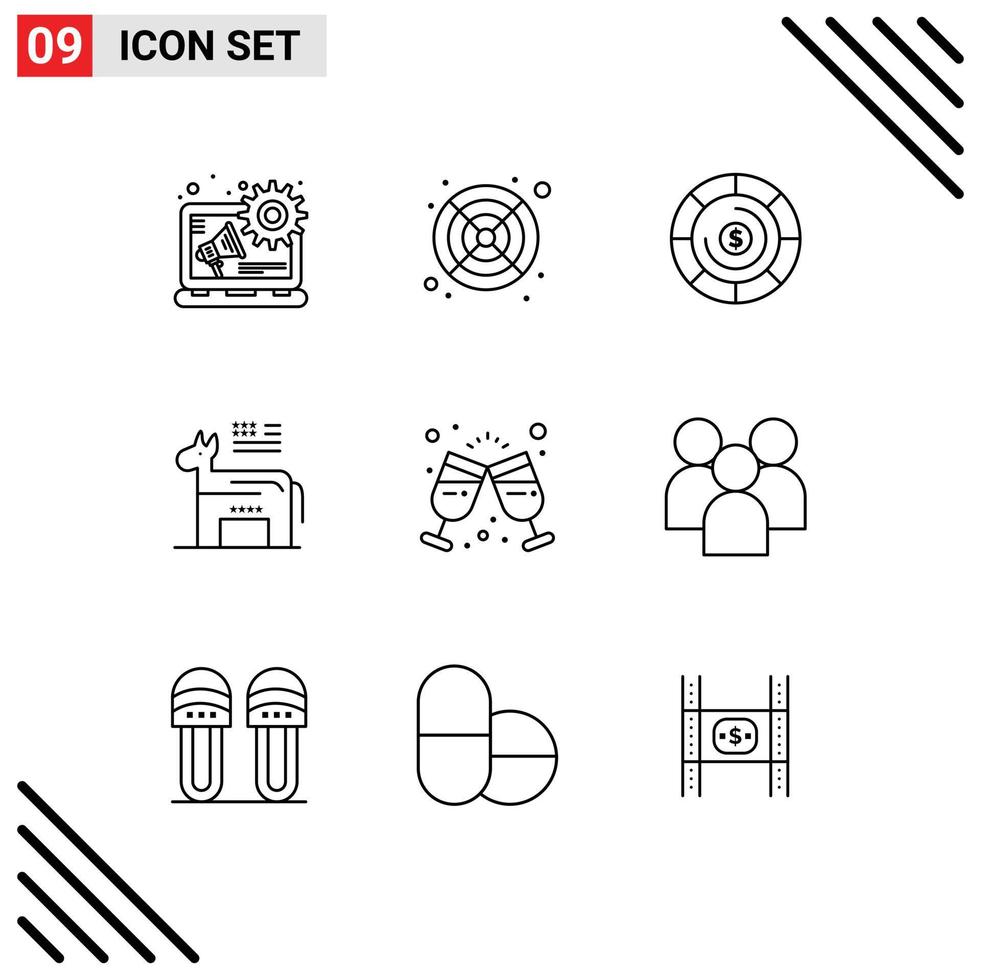 Outline Pack of 9 Universal Symbols of employee drink investment wine glass symbol Editable Vector Design Elements