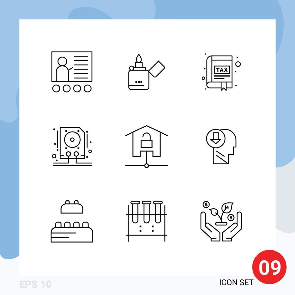 Pictogram Set of 9 Simple Outlines of storage drive zippo data interface Editable Vector Design Elements