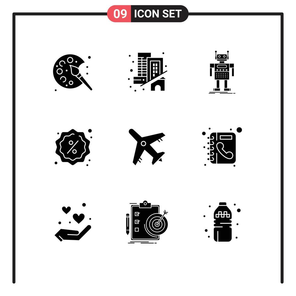9 Universal Solid Glyphs Set for Web and Mobile Applications airport sale robot reduction technology Editable Vector Design Elements