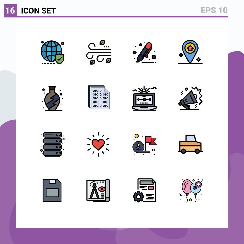 Modern Set of 16 Flat Color Filled Lines Pictograph of home navigation wind map highlighter Editable Creative Vector Design Elements