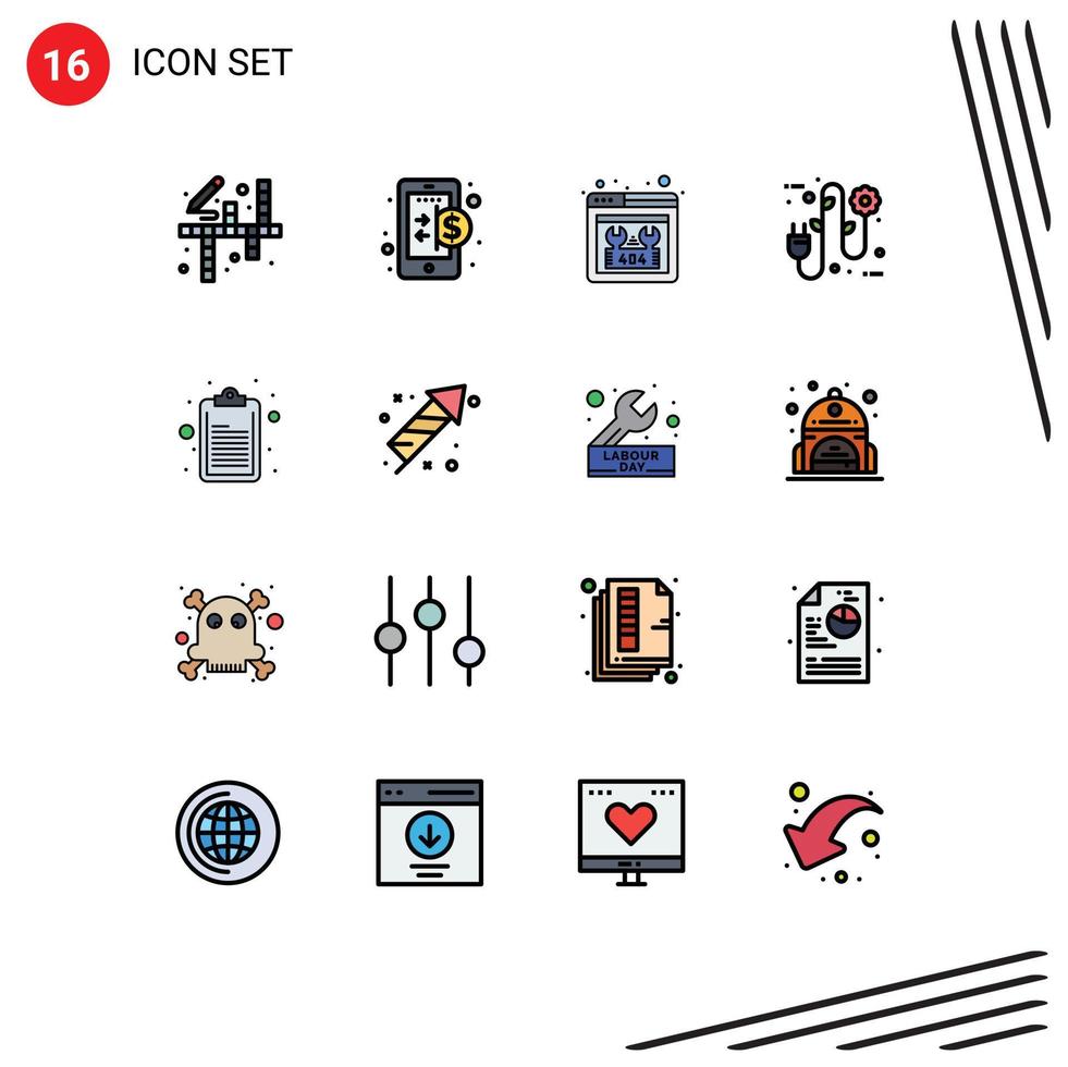 Modern Set of 16 Flat Color Filled Lines Pictograph of clipboard electrician error electrical plug eco Editable Creative Vector Design Elements