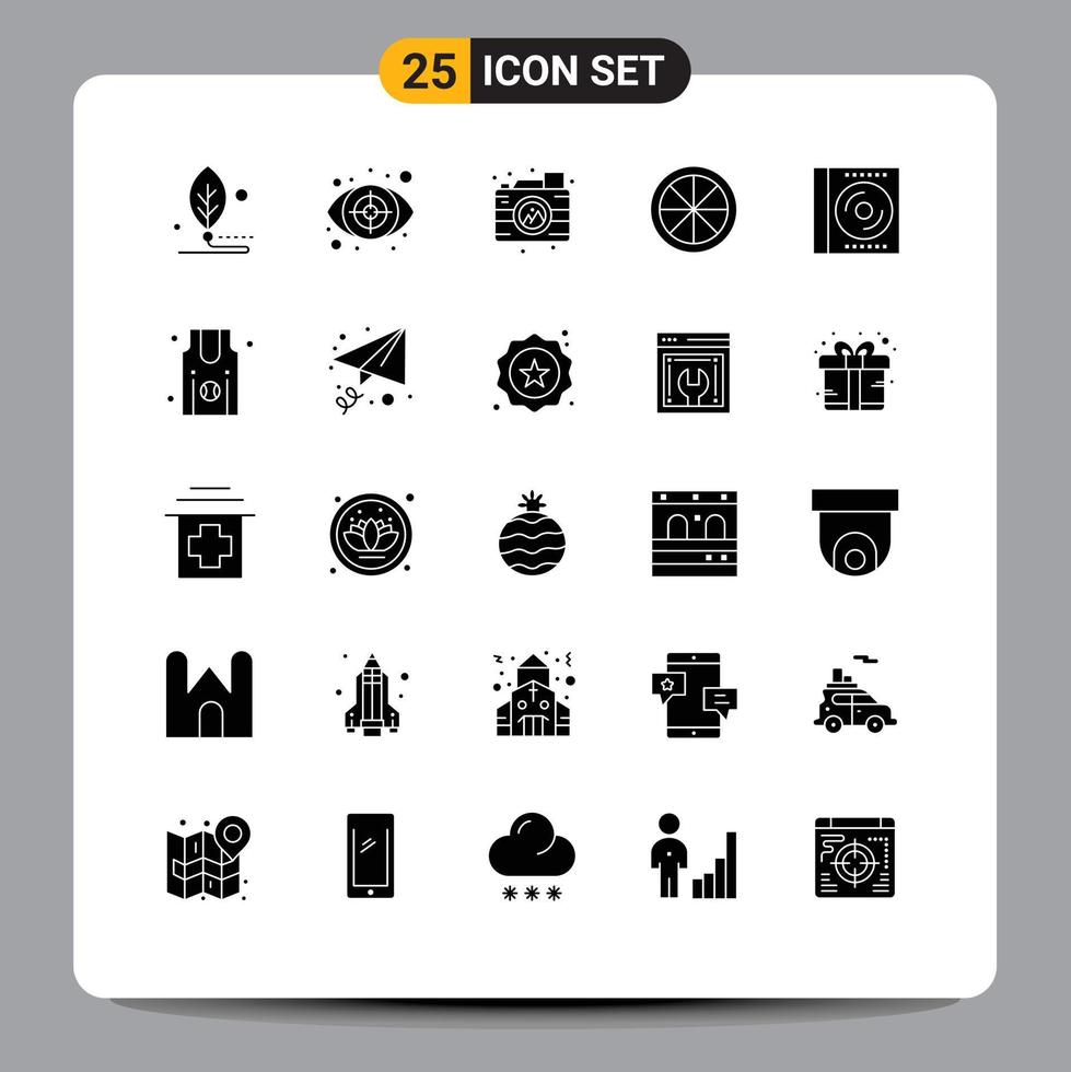 Group of 25 Solid Glyphs Signs and Symbols for cd orange target food image Editable Vector Design Elements