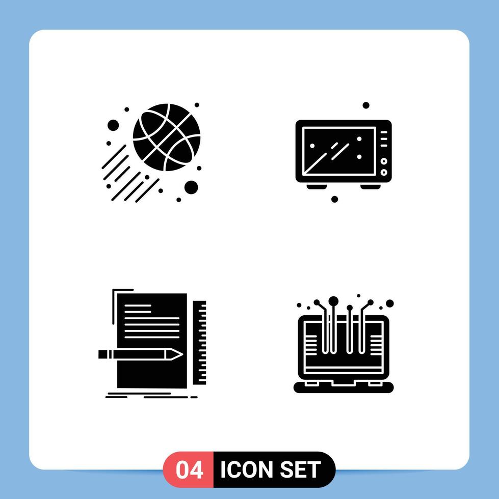 Set of 4 Vector Solid Glyphs on Grid for basketball ball coding baking kitchen programming Editable Vector Design Elements