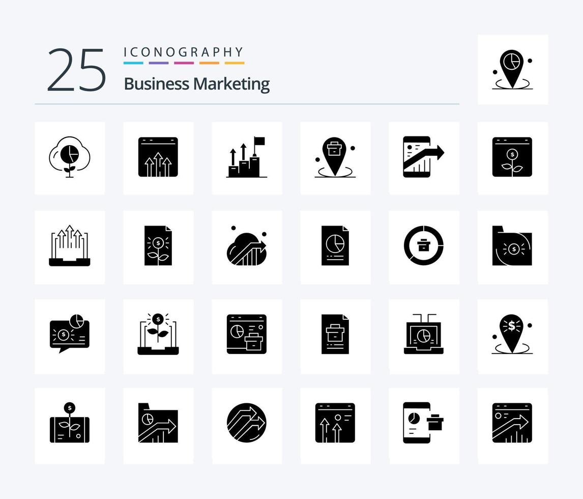 Business Marketing 25 Solid Glyph icon pack including location. business. growth. mission. growth vector