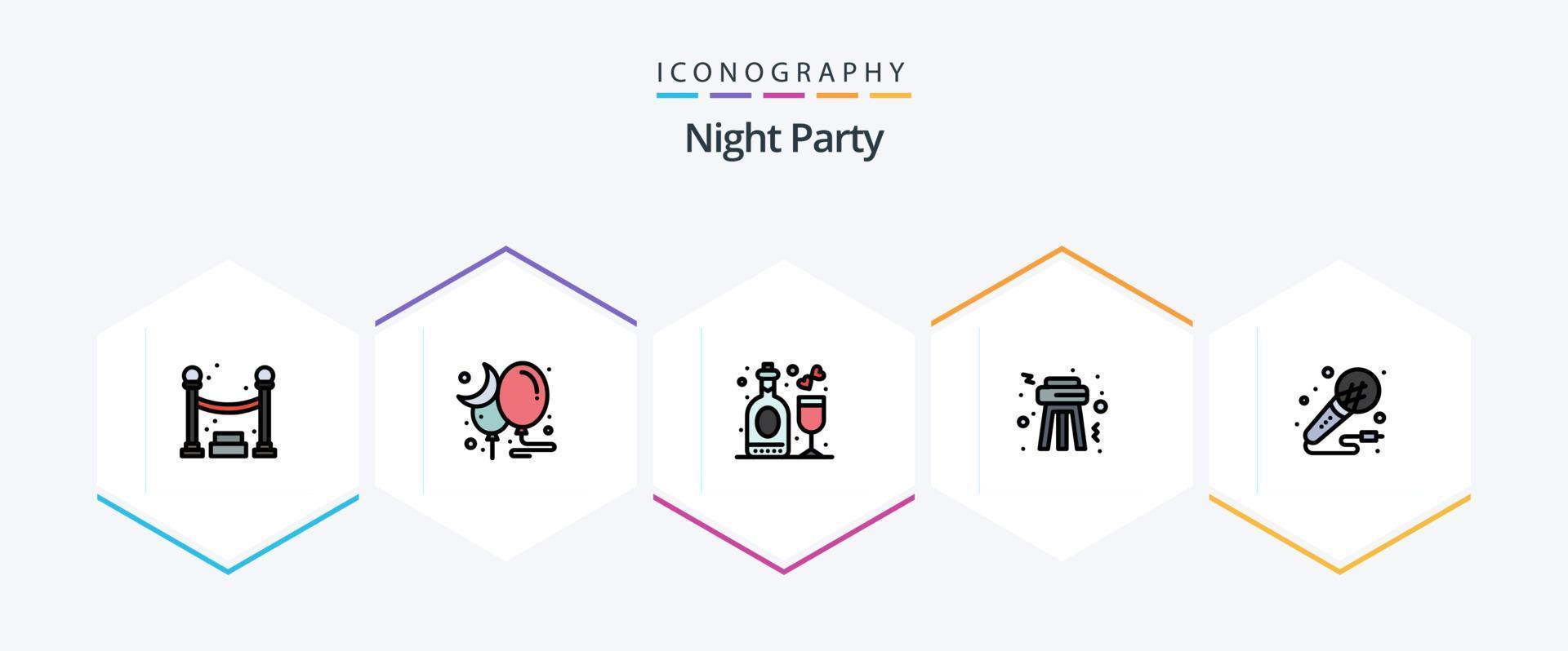 Night Party 25 FilledLine icon pack including studio. microphone. disco. mic. night vector