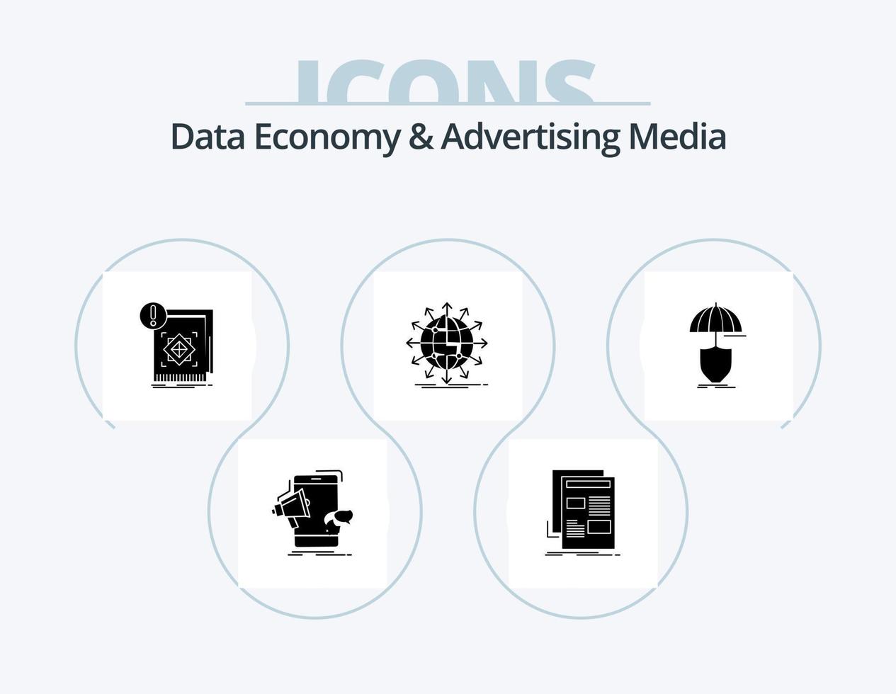 Data Economy And Advertising Media Glyph Icon Pack 5 Icon Design. arrow. globe. media. alert. infrastructure vector
