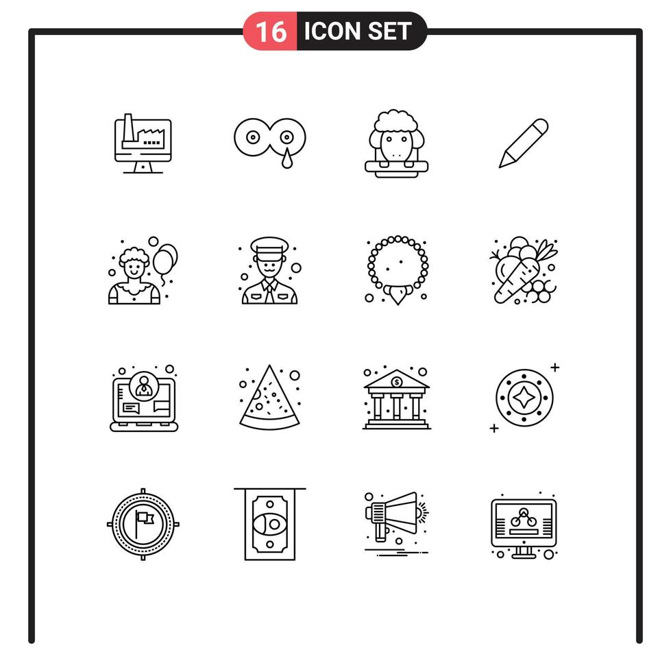 Pack of 16 Modern Outlines Signs and Symbols for Web Print Media such as clown write easter school pencil Editable Vector Design Elements