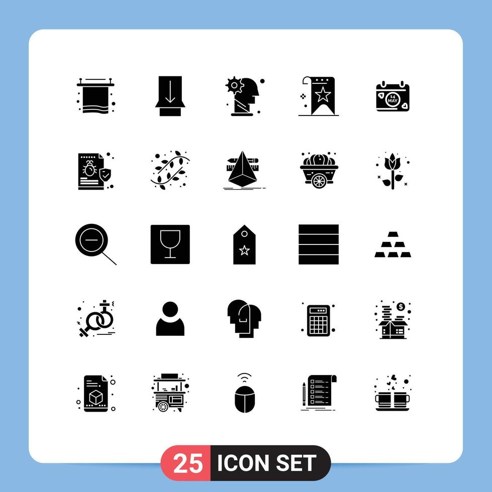 Mobile Interface Solid Glyph Set of 25 Pictograms of calendar rank gear quality bookmark Editable Vector Design Elements