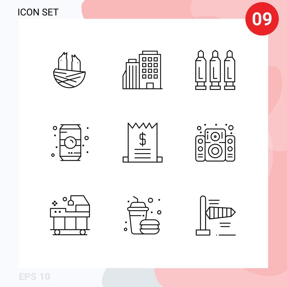 Group of 9 Outlines Signs and Symbols for bills drink bullet coffee bottle Editable Vector Design Elements