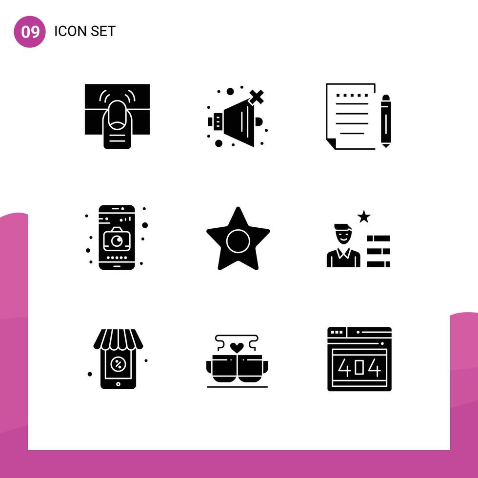 Universal Icon Symbols Group of 9 Modern Solid Glyphs of studio star letter mobile application Editable Vector Design Elements
