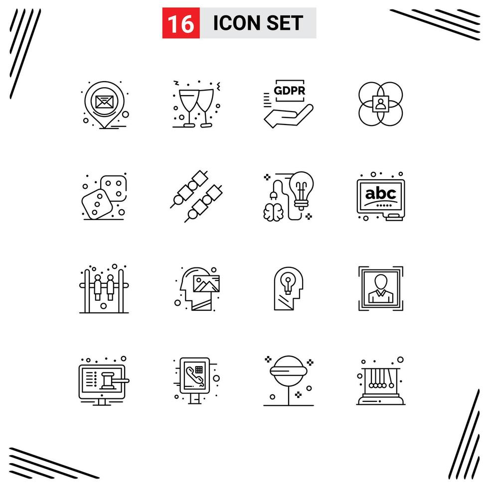 Pack of 16 Modern Outlines Signs and Symbols for Web Print Media such as dices person gdpr model features Editable Vector Design Elements