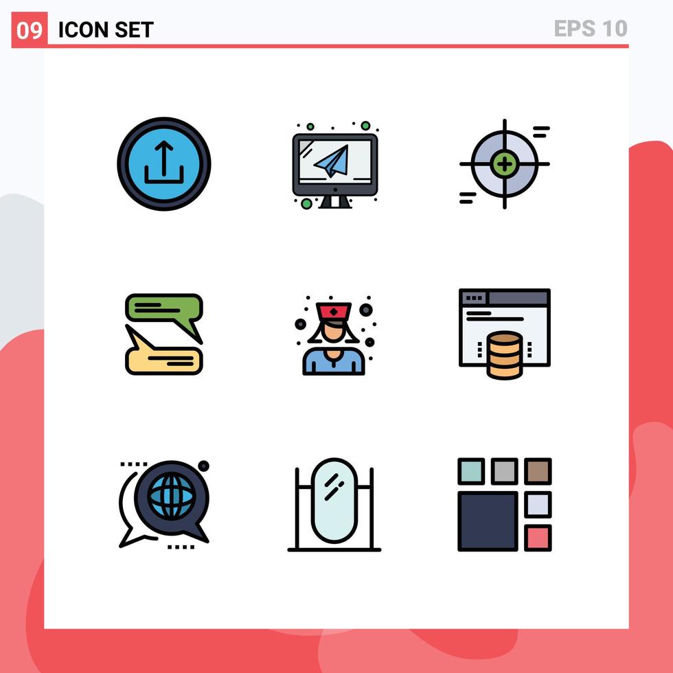 Mobile Interface Filledline Flat Color Set of 9 Pictograms of doctor messaging mail chatting scope Editable Vector Design Elements
