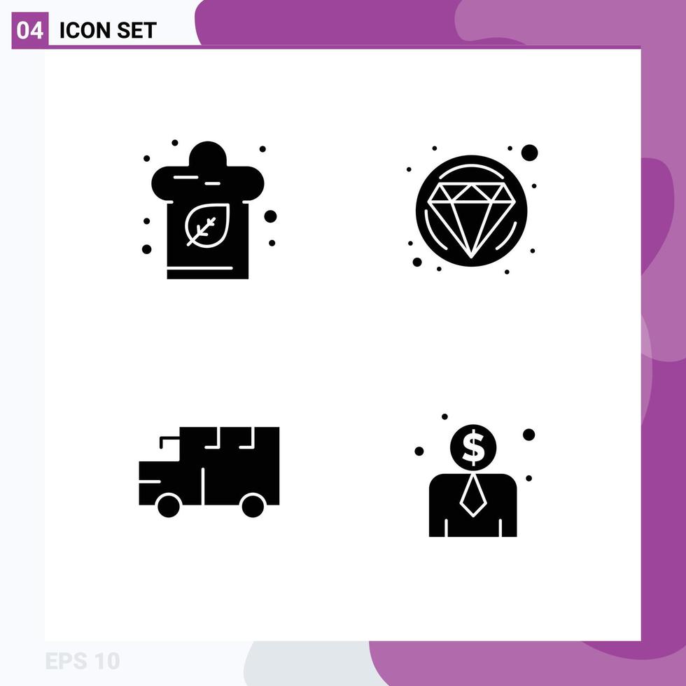 Pack of 4 Modern Solid Glyphs Signs and Symbols for Web Print Media such as cook transportation kitchen jewelry employee cost Editable Vector Design Elements