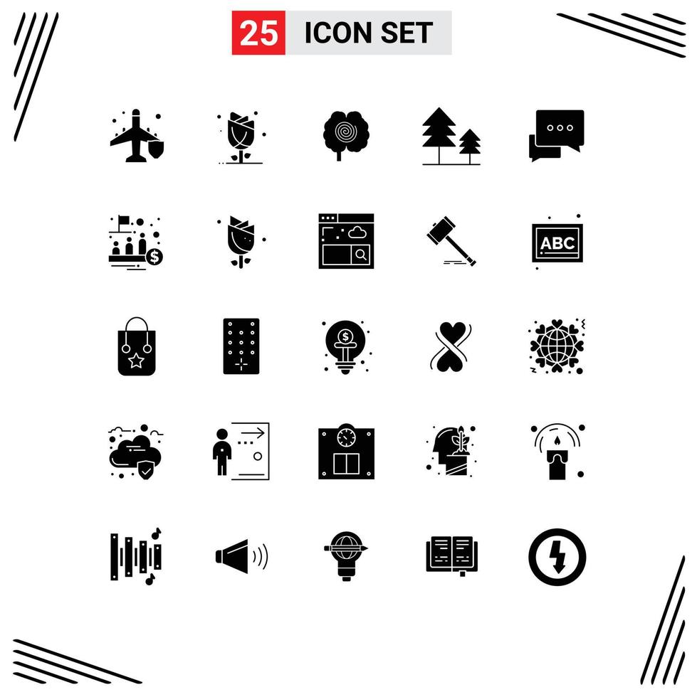 Group of 25 Modern Solid Glyphs Set for conversation trees rose holiday psychology Editable Vector Design Elements
