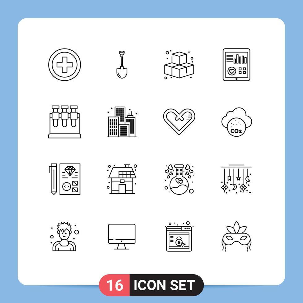 Universal Icon Symbols Group of 16 Modern Outlines of lab patient report cubes pulse health Editable Vector Design Elements