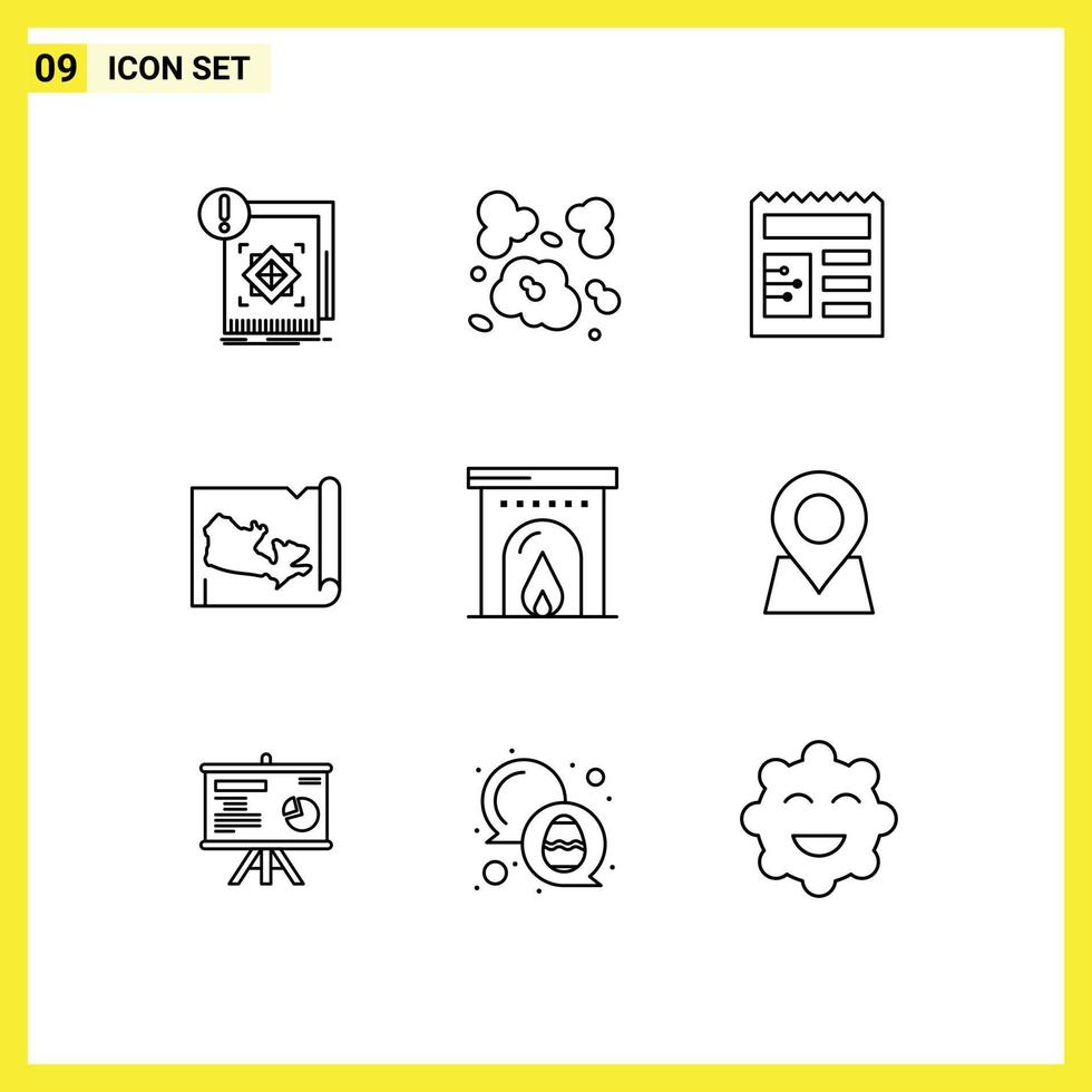 Outline Pack of 9 Universal Symbols of travel hotel pollution canada map Editable Vector Design Elements