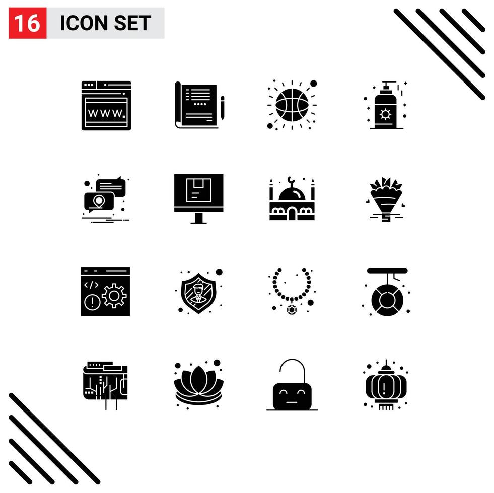 Set of 16 Vector Solid Glyphs on Grid for computer pin basketball notification sunscreen Editable Vector Design Elements