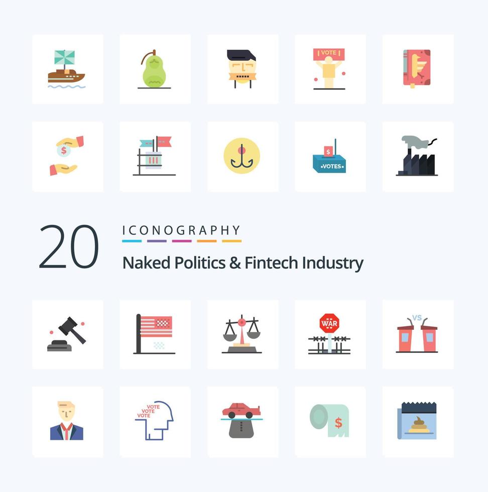 20 Naked Politics And Fintech Industry Flat Color icon Pack like occupy military flag conflict baluance vector