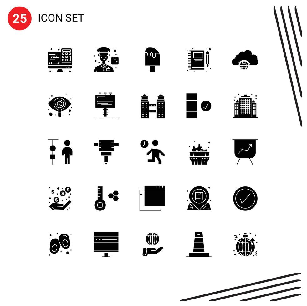 Modern Set of 25 Solid Glyphs Pictograph of network pencil cool pen book Editable Vector Design Elements