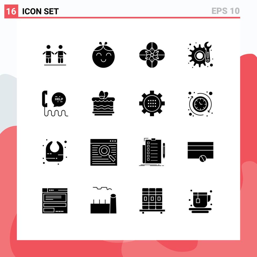 Set of 16 Vector Solid Glyphs on Grid for contact center anemone flower call maintenance Editable Vector Design Elements