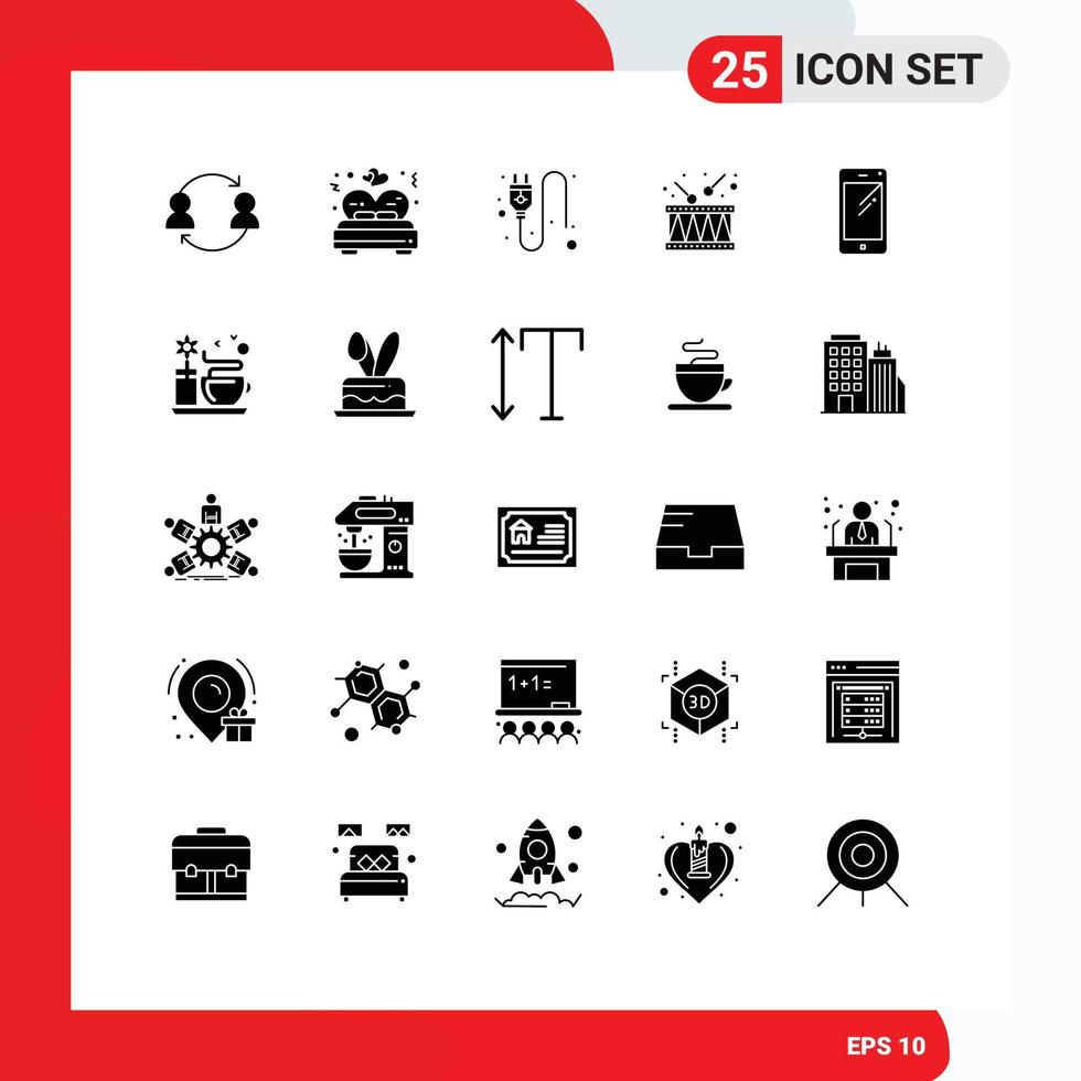 Pack of 25 Modern Solid Glyphs Signs and Symbols for Web Print Media such as smart phone music wedding local drum Editable Vector Design Elements