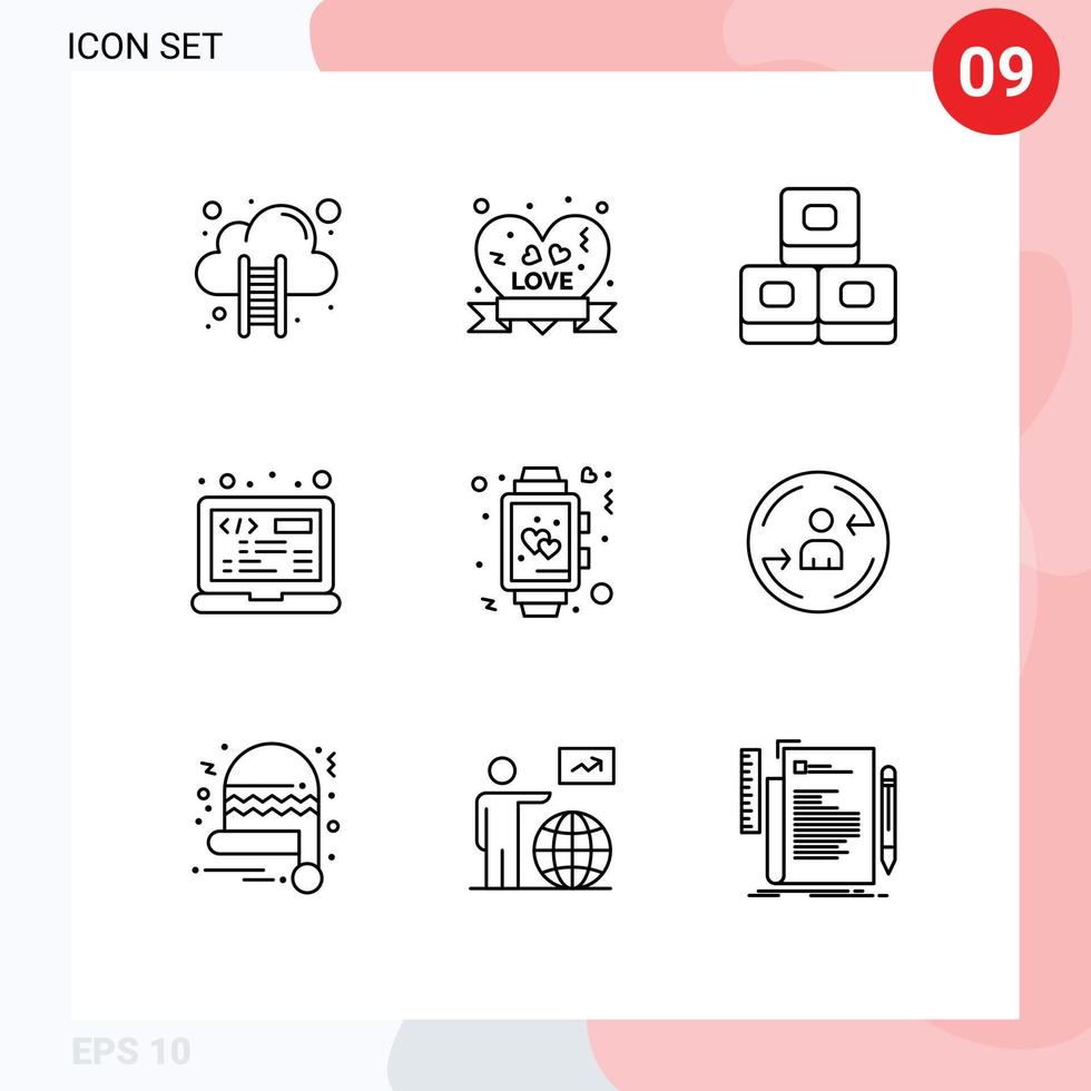 Group of 9 Outlines Signs and Symbols for time clock food html laptop Editable Vector Design Elements