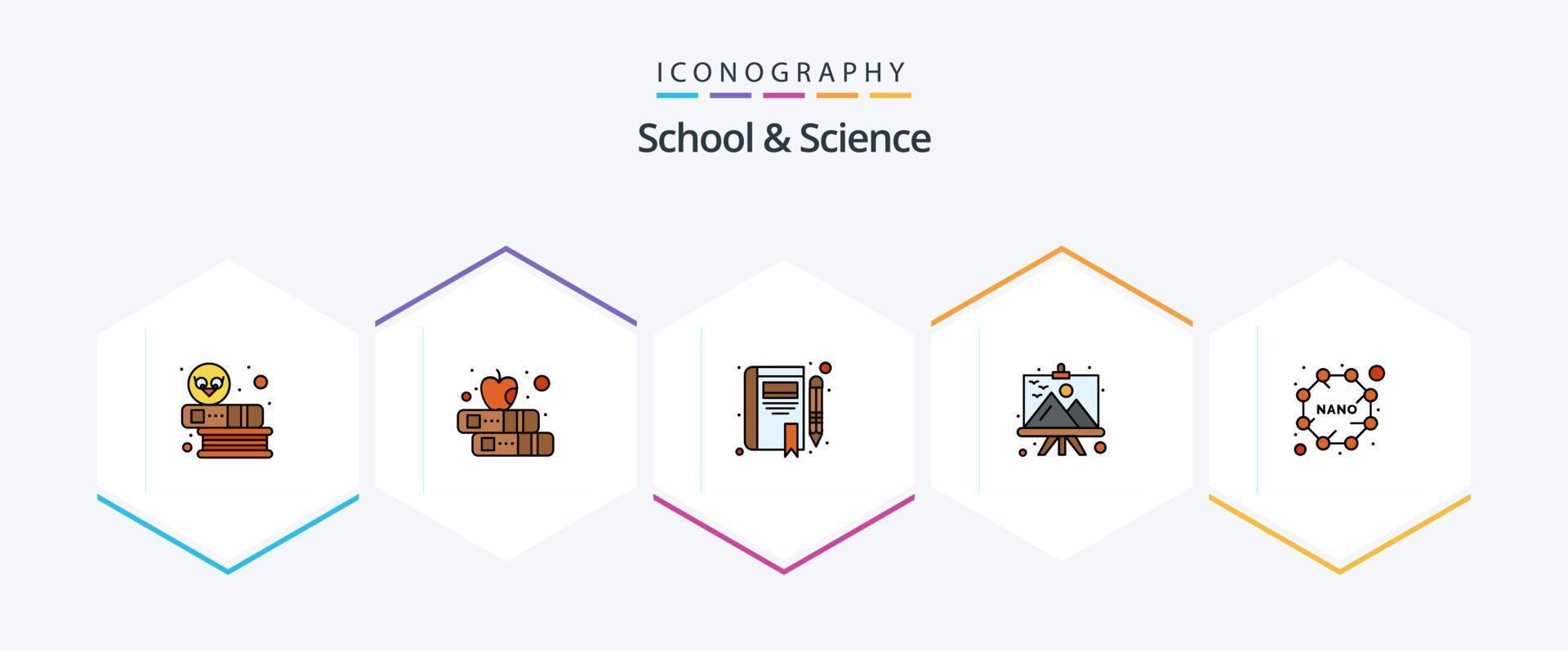 colegio y Ciencias 25 línea de relleno icono paquete incluso nano cuadro. libro. paisaje. tablero vector