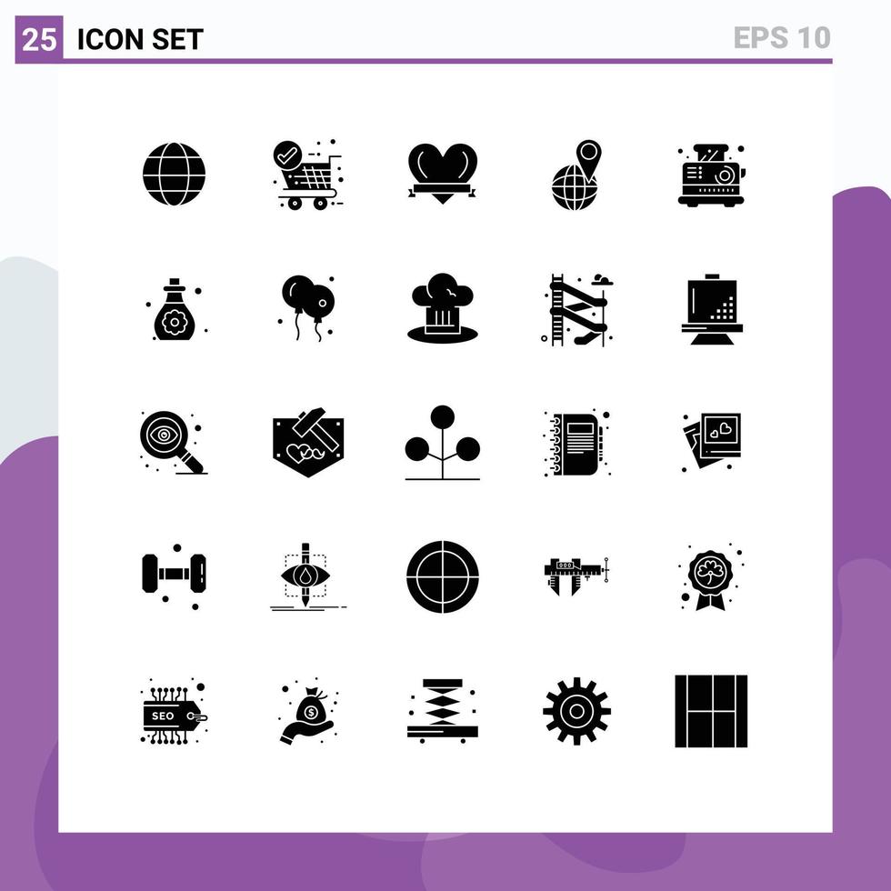 Pack of 25 Modern Solid Glyphs Signs and Symbols for Web Print Media such as toaster electrical love breakfast map Editable Vector Design Elements