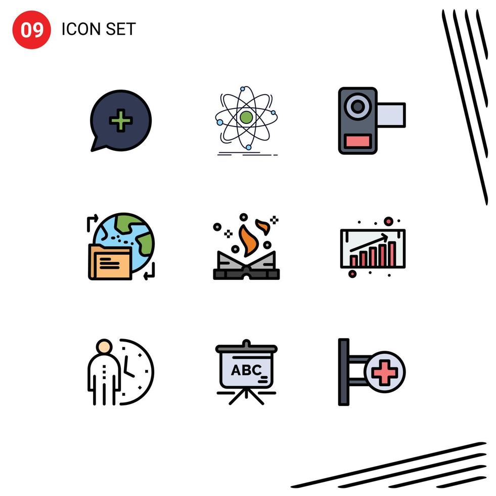 Mobile Interface Filledline Flat Color Set of 9 Pictograms of data world nuclear gdpr movie Editable Vector Design Elements